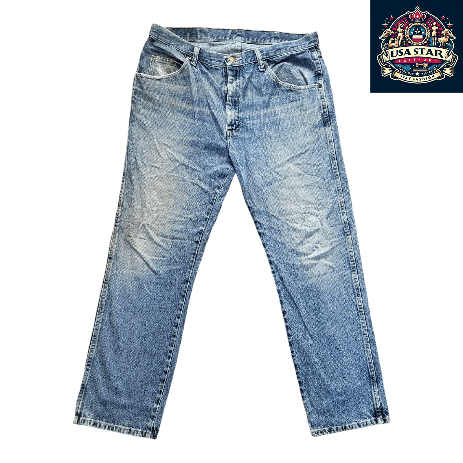Wrangler Men's Jeans Regular Fit W38 x L30 Light Blue Denim, Grade A/B, 100% Cotton - USASTARFASHION