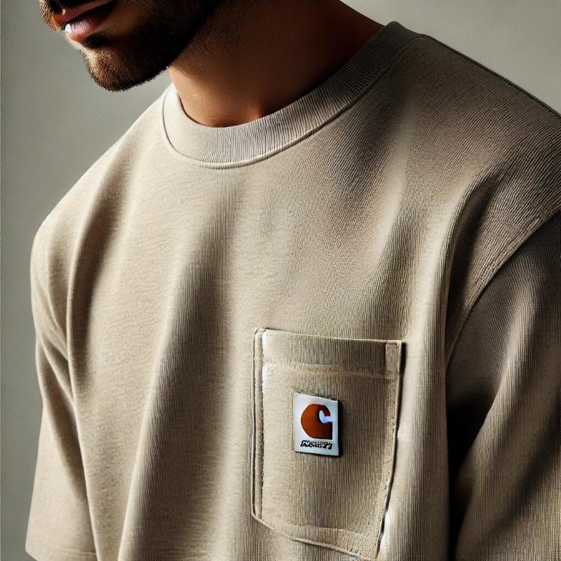 a man wearing a brown sweatshirt with a patch on the pocket