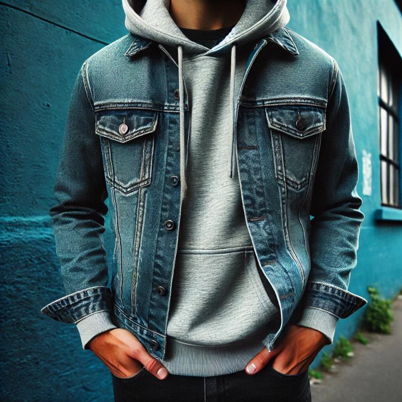 a man wearing a jean jacket and a hoodie