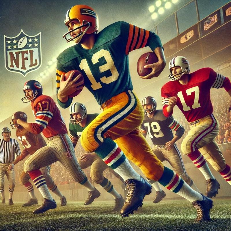 a painting of a football player running with the ball