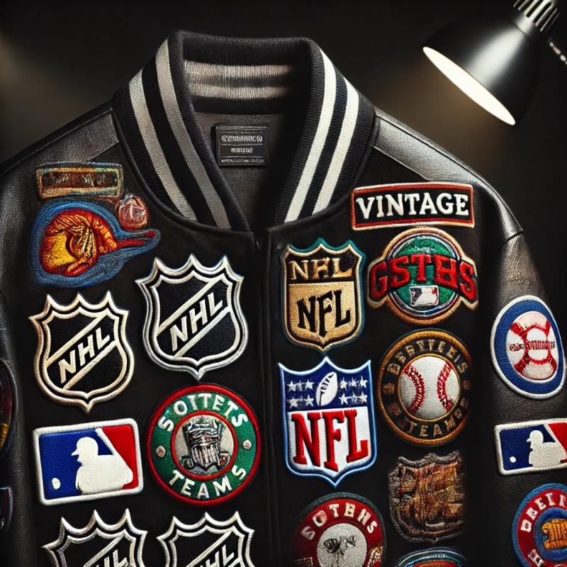 a baseball jacket with a lot of patches on it