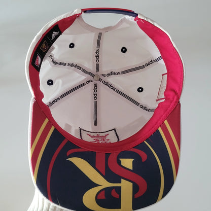 a baseball cap with a red, white, and blue visor