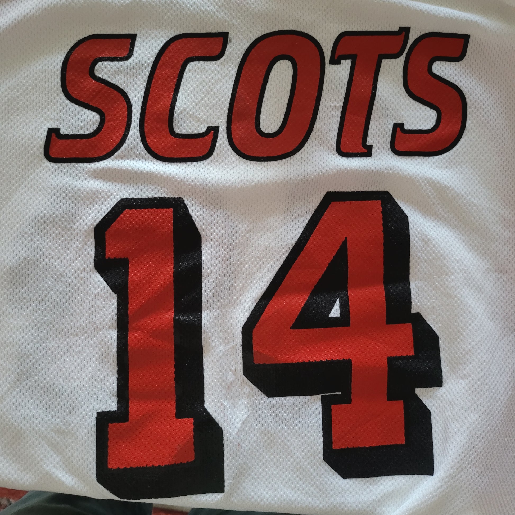 Scots Football Jersey #14 by Nike, XL Unisex, White & Red, Shorter Length Design, 100% Polyester - USASTARFASHION