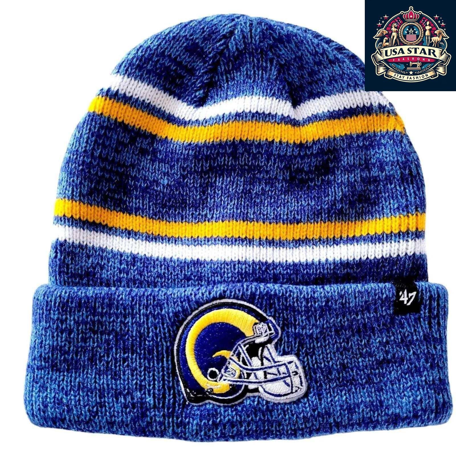 47 Los Angeles Rams Beanie – Marled Stripe Design in Royal Blue and Yellow – One Size Fits All USASTARFASHION