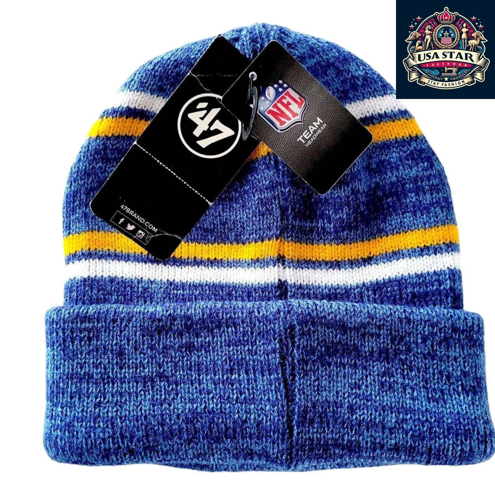 47 Los Angeles Rams Beanie – Marled Stripe Design in Royal Blue and Yellow – One Size Fits All USASTARFASHION