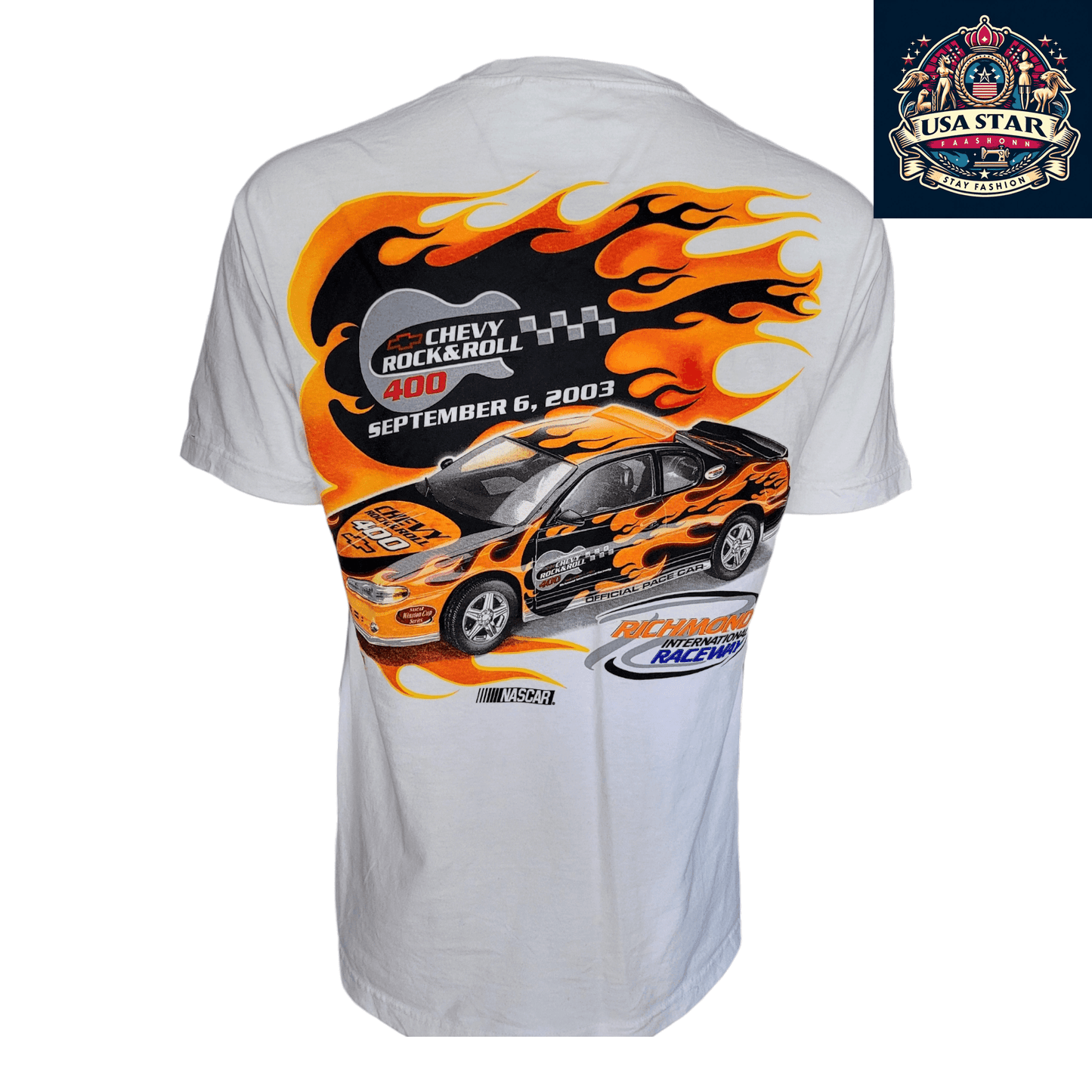 Chevy Rock And Roll 400 T-Shirt 2003 NASCAR Flames Graphic Large Vintage Cotton Tee - USASTARFASHION