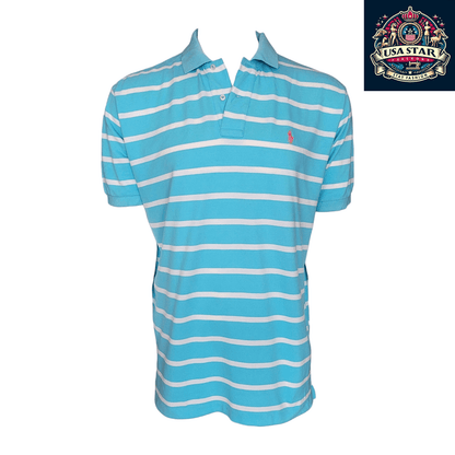 Ralph Lauren Polo Shirt Light Blue/White Stripes Size LG, 100% Cotton Classic Comfort - USASTARFASHION