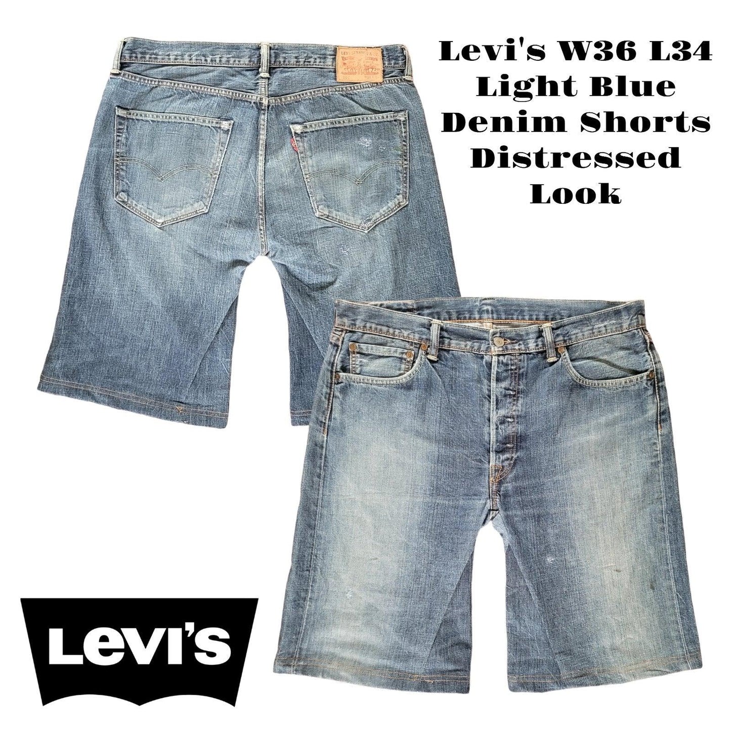 Levi's W36 L34 Light Blue Denim Shorts Distressed Look-USASTARFASHION