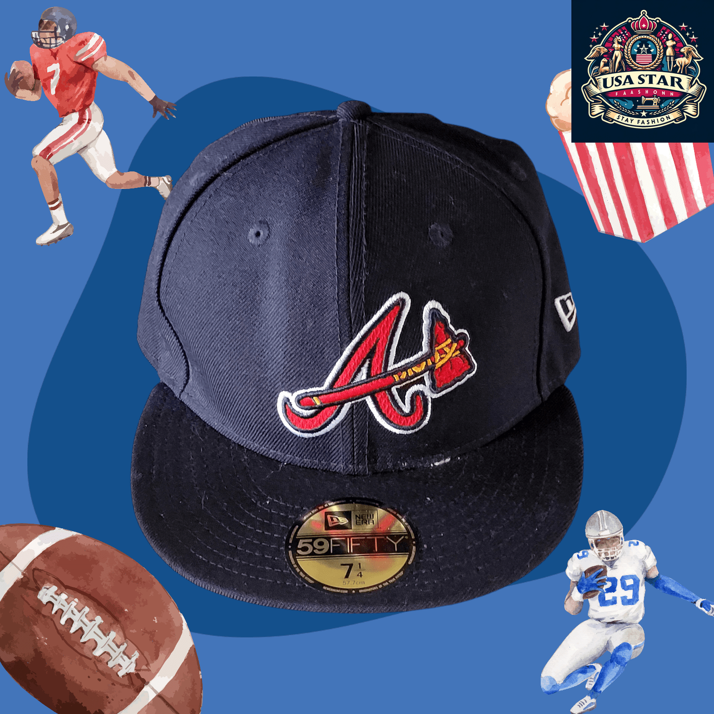 New Era 59FIFTY Fitted Cap Atlanta Braves Cap - Navy Blue 100% Wool, Size 7 1/4, Iconic MLB Style - USASTARFASHION