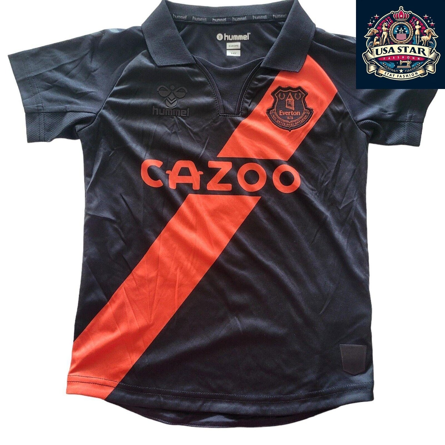 Hummel Everton Away Jersey 5-6Y with CAZOO Logo & Zakariya #4, Black Red Stripe - USASTARFASHION