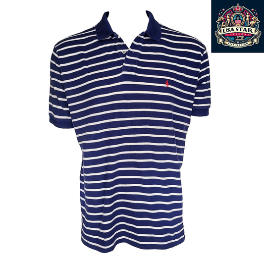 Polo Ralph Lauren Men's Polo Shirt XL Blue Striped 100% Cotton Short Sleeve Classic Fit - USASTARFASHION