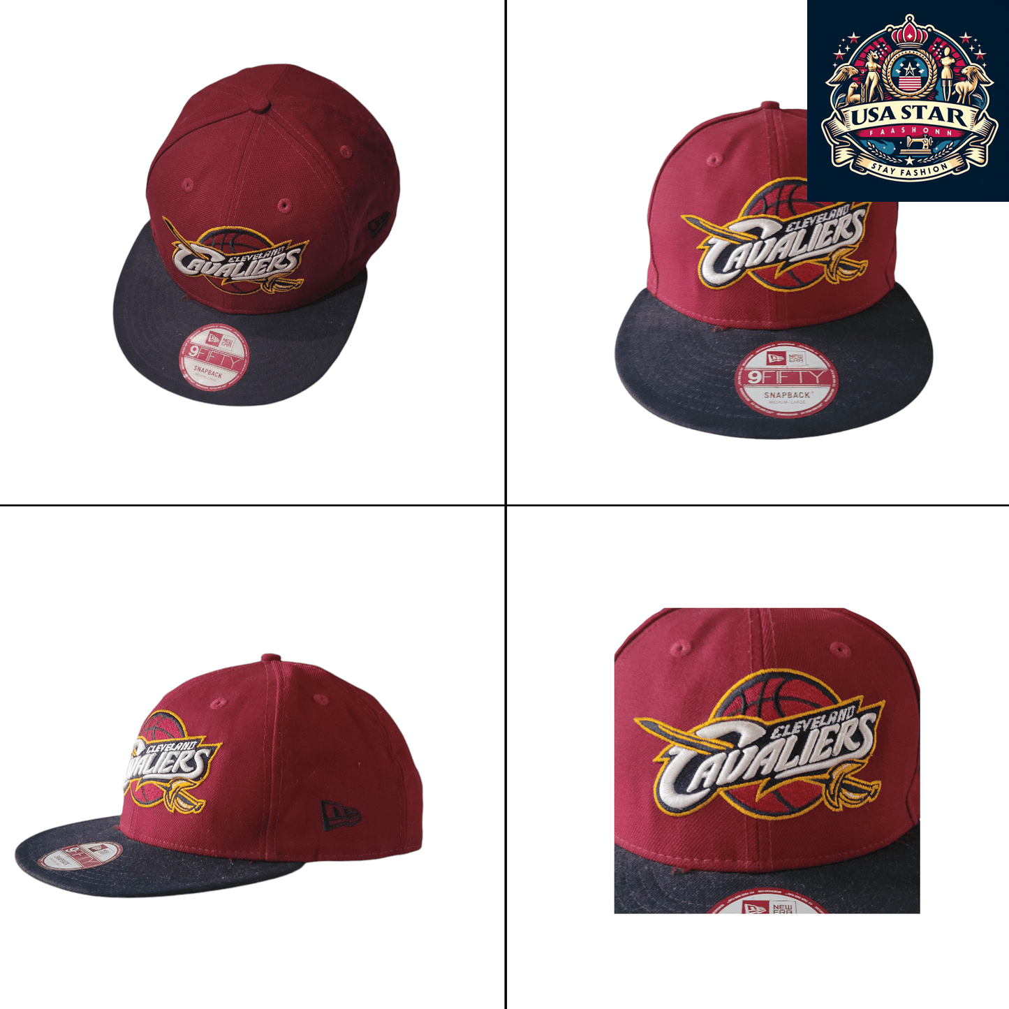 New Era Cleveland Cavaliers Hat 9FIFTY Snapback Cap Burgundy/Black Medium-Large Adjustable - USASTARFASHION