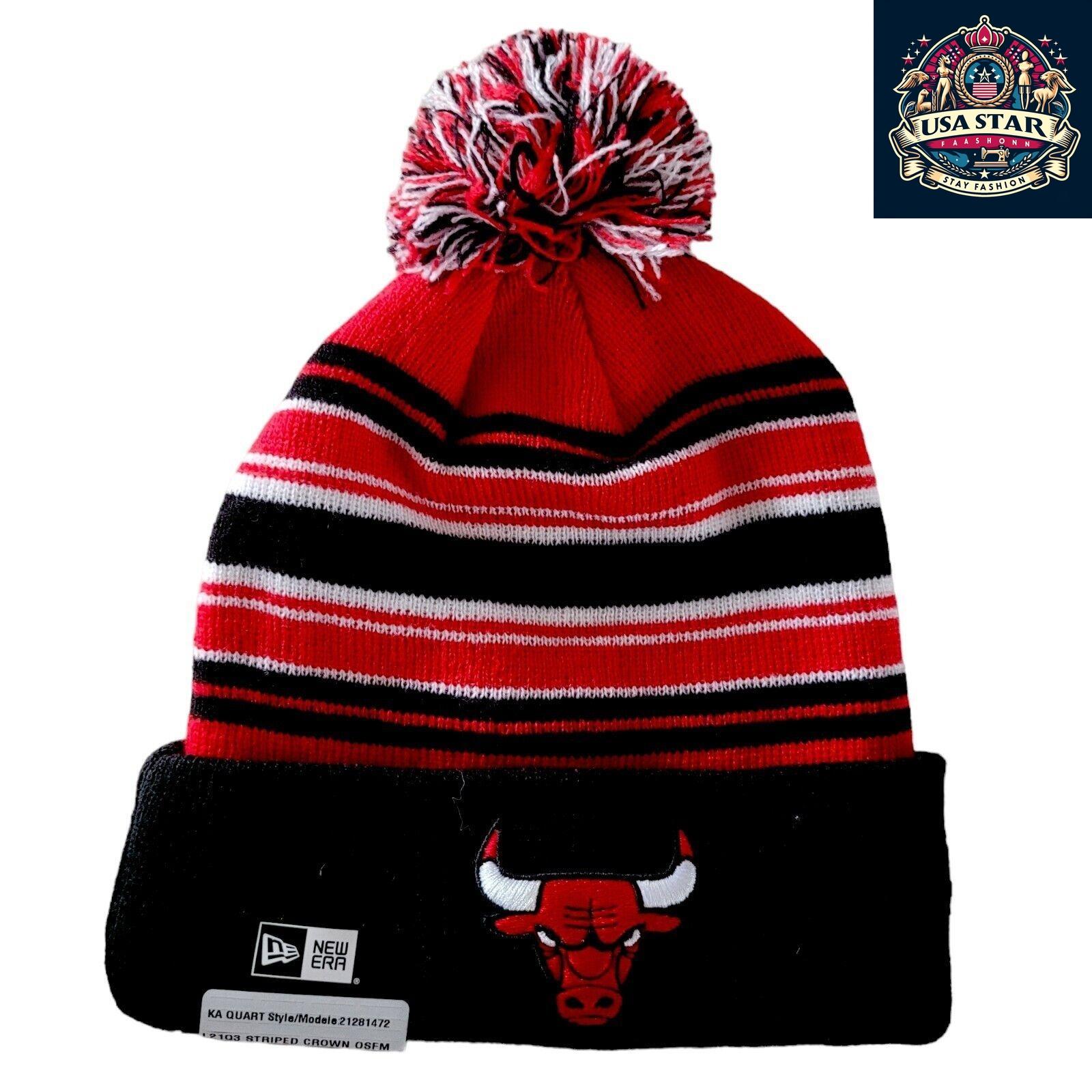 🏀 Chicago Bulls NBA '21 NE Striped MB Knit New Era Beanie Hat - One Size ⚫🔴 - USASTARFASHION