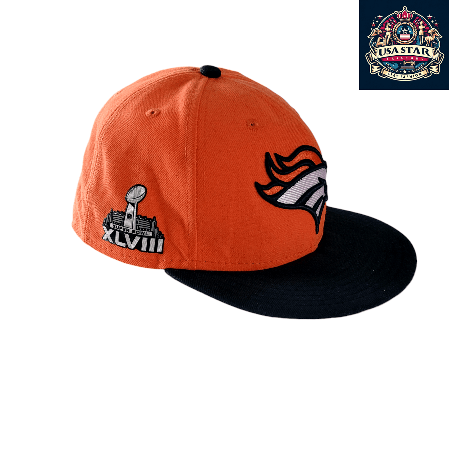 New Era Denver Broncos Super Bowl XLVIII 59FIFTY Fitted Hat - Orange, Size 7 3/8, Premium Quality - USASTARFASHION