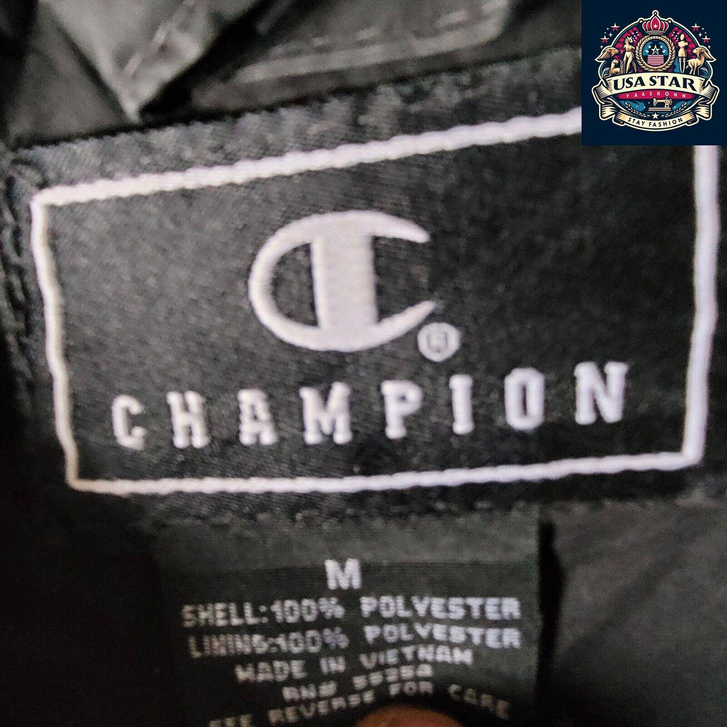 Authentic Champion Puffer Jacket Black Size M, Stylish Layer for Cold Weather, Excellent Condition - USASTARFASHION