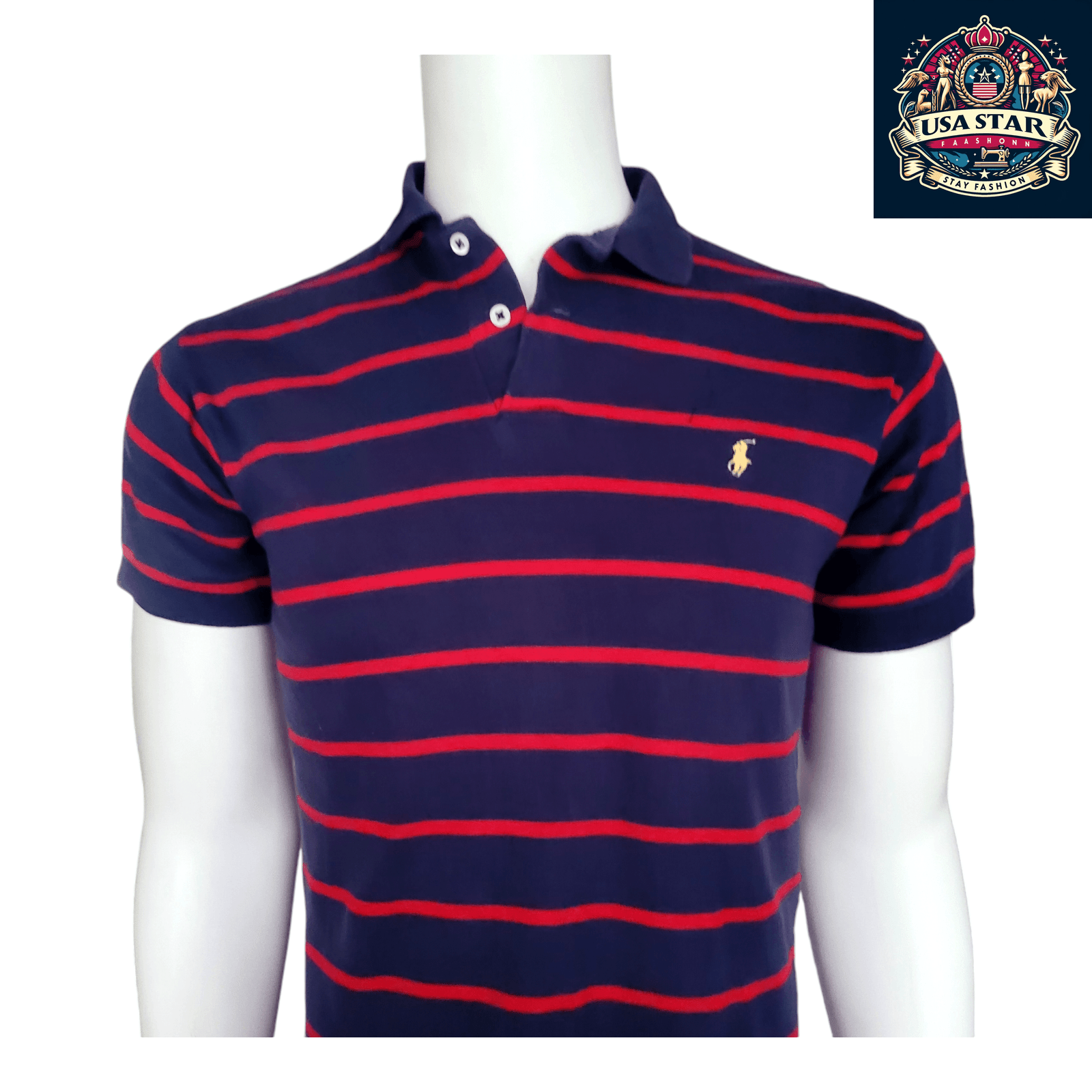 Polo By Ralph Lauren Men's Navy Red Striped Polo Shirt, 100% Cotton, Classic Fit, Made In USA USASTARFASHION