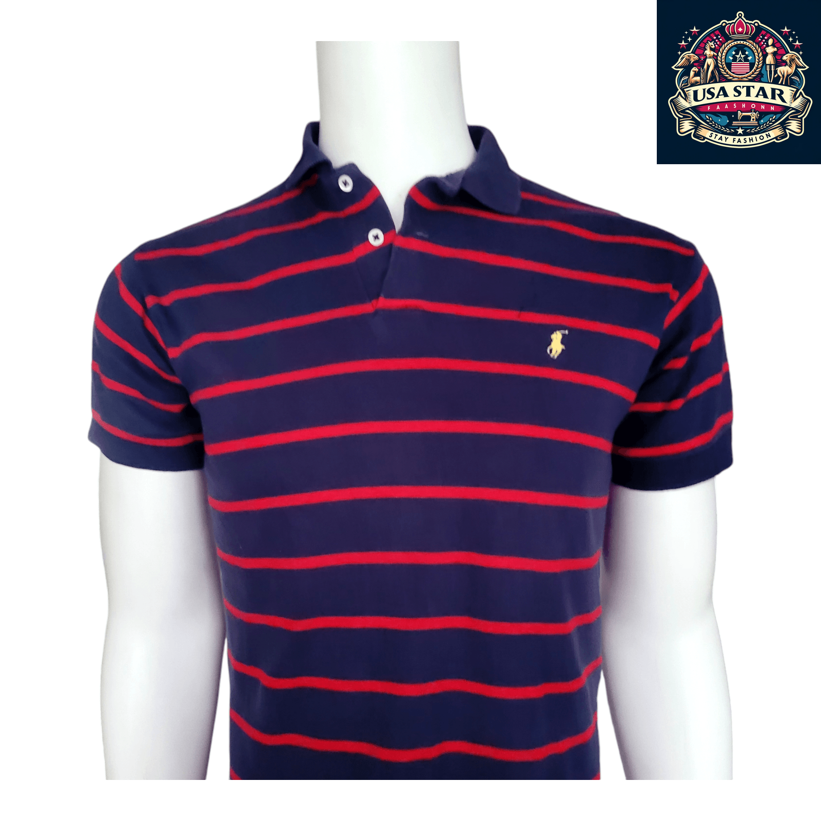 Polo By Ralph Lauren Men's Navy Red Striped Polo Shirt, 100% Cotton, Classic Fit, Made In USA - USASTARFASHION