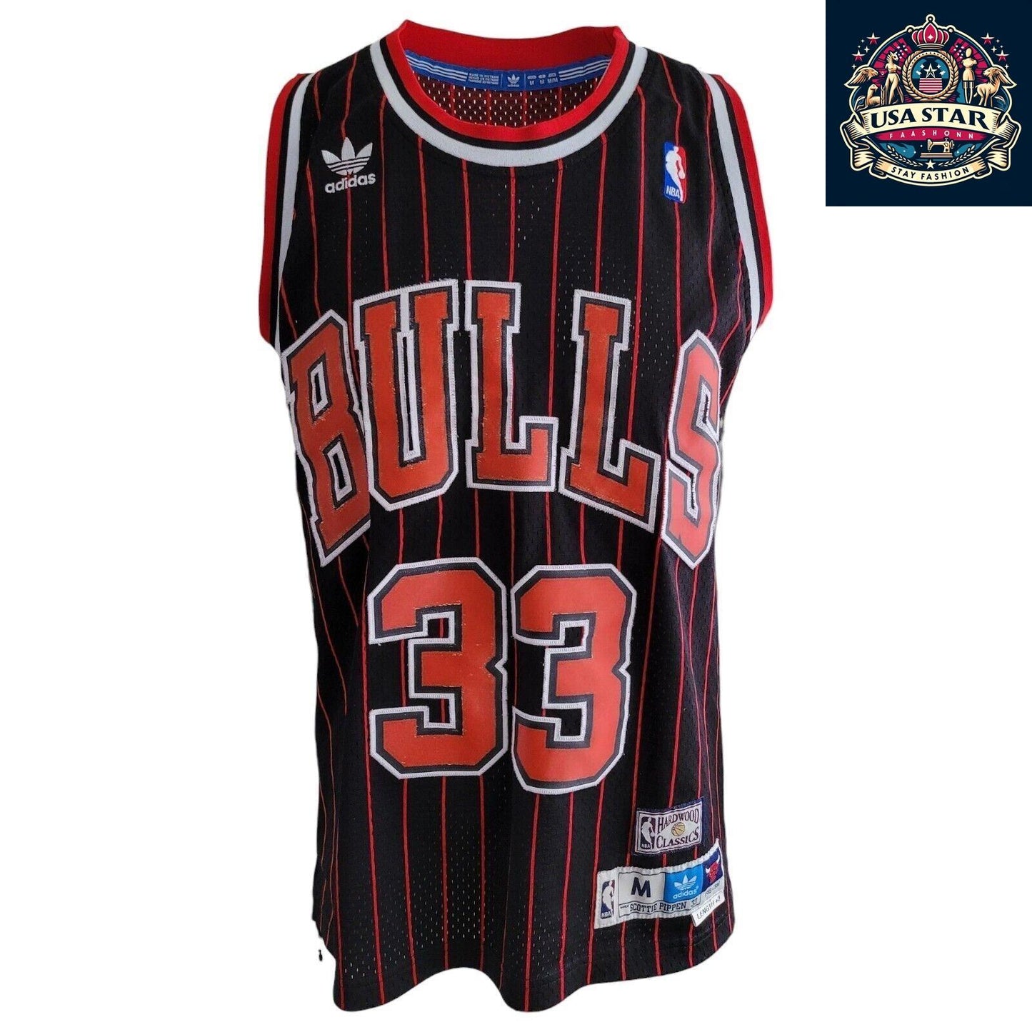 Scottie Pippen #33 Chicago Bulls Jersey - Black Red Pinstripe Vintage M - NBA Apparel - USASTARFASHION