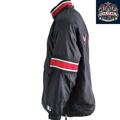 Starter Chicago Bulls Jacket 90s Puffer Bomber, Black Red, Size L, Bold Branding, Functional Design - USASTARFASHION