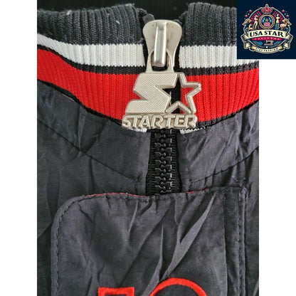 Starter Chicago Bulls Jacket 90s Puffer Bomber, Black Red, Size L, Bold Branding, Functional Design - USASTARFASHION