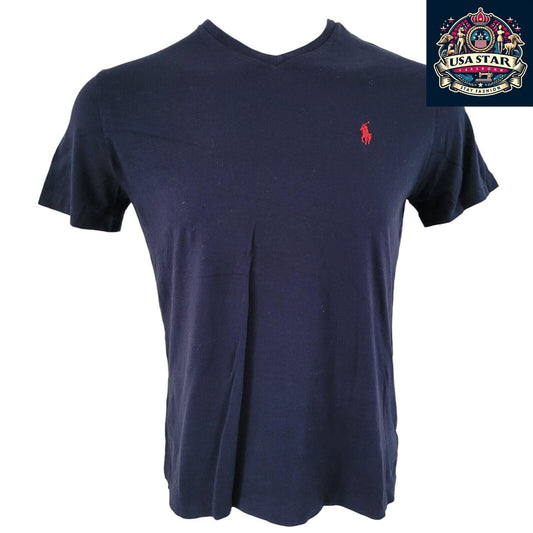 Polo Ralph Lauren V Neck T Shirt Navy Blue, Breathable Cotton, Timeless Style, Size Small - USASTARFASHION