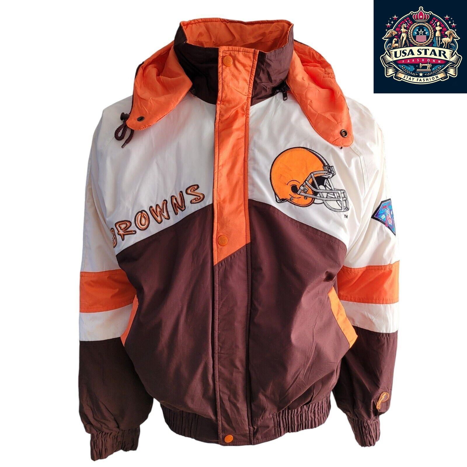 Cleveland Browns Jacket Pro Player 90s Vintage Style Men's Small-Medium with Hoodie and Embroidery - USASTARFASHION