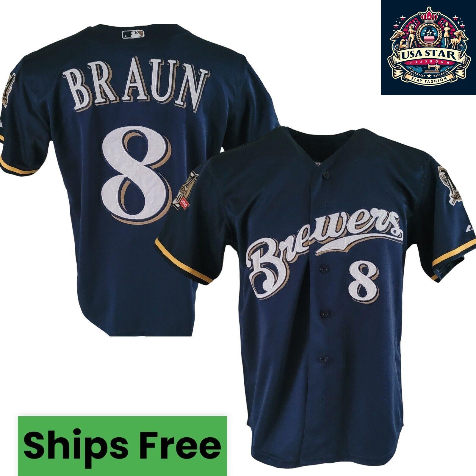 Ryan Braun T-Shirt #8 Milwaukee Brewers 40th Anniversary Majestic Tee Sz M Navy Blue Short Sleeve - USASTARFASHION