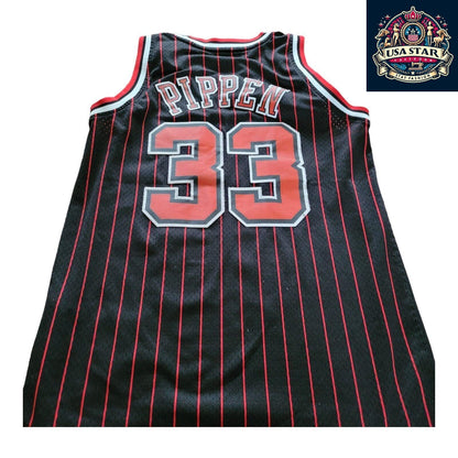 Scottie Pippen #33 Chicago Bulls Jersey - Black Red Pinstripe Vintage M - NBA Apparel - USASTARFASHION