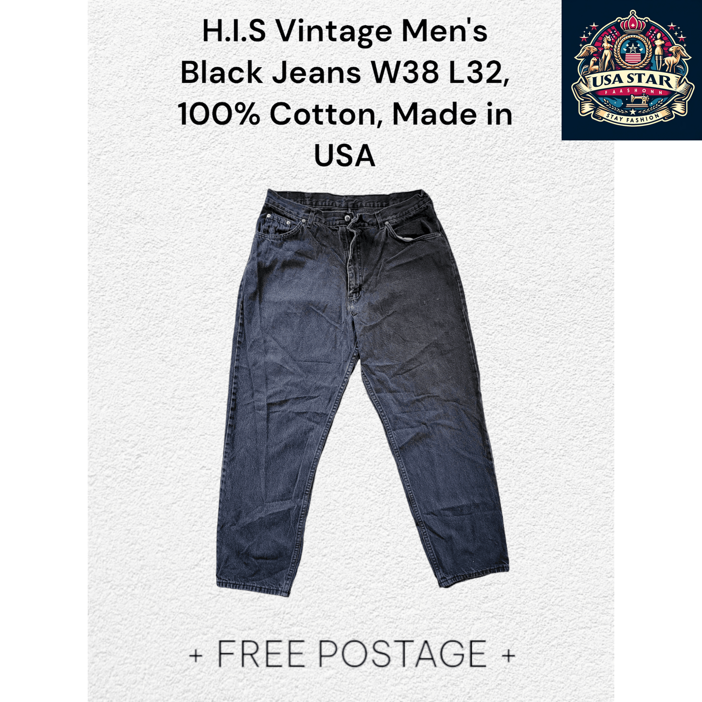 H.I.S Vintage Black Jeans for Men W38 L32, 100% Cotton, Durable, Made in USA - USASTARFASHION