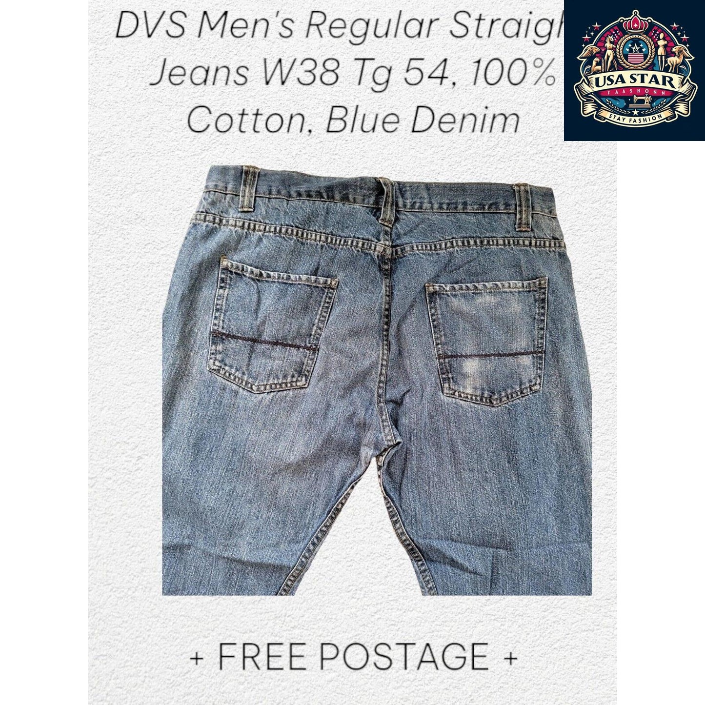 DVS Men's Straight Jeans W38 TG54, 100% Cotton, Classic Blue Denim, Comfortable Fit - USASTARFASHION