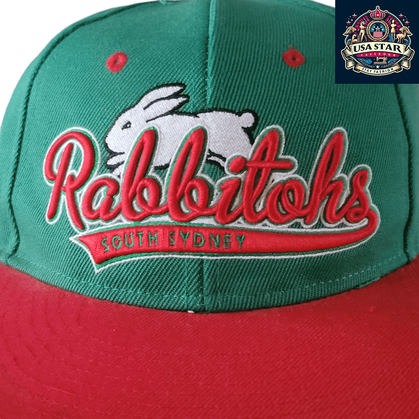 South Sydney Rabbitohs Cap - Official NRL Licensed Adjustable Supporter Hat in Green/Red, Size S - USASTARFASHION