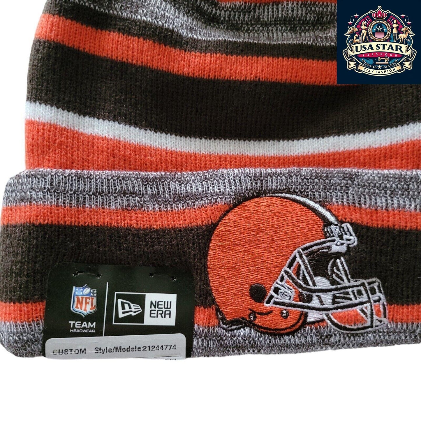 🏈 Cleveland Browns Marled Stripe Pom New Era Beanie Hat - One Size 🌟🔶🏈 - USASTARFASHION