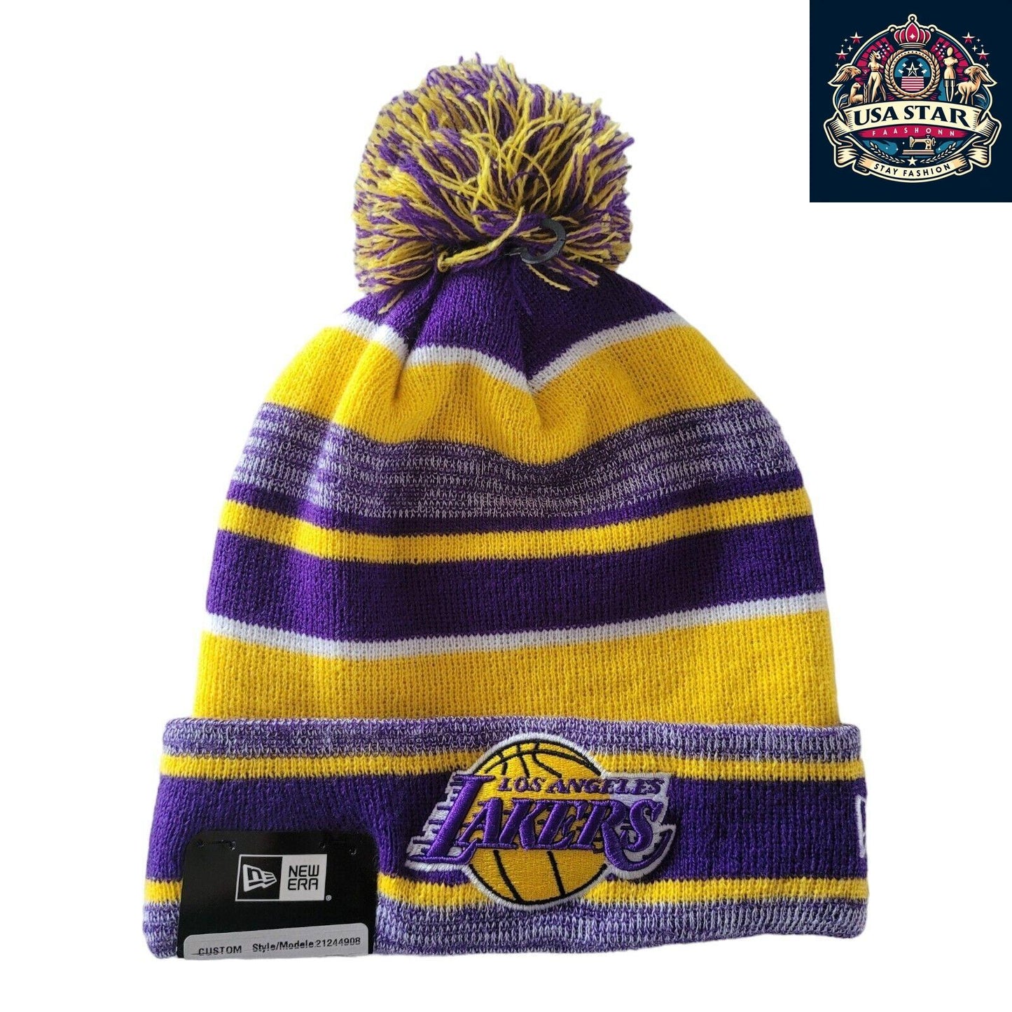 Los Angeles Lakers Beanie - New Era Marled Stripe Pom Hat, One Size, Warm Fan Gear - USASTARFASHION