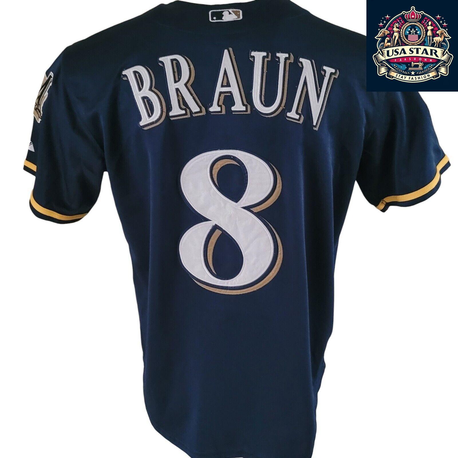 Ryan Braun T-Shirt #8 Milwaukee Brewers 40th Anniversary Majestic Tee Sz M Navy Blue Short Sleeve - USASTARFASHION