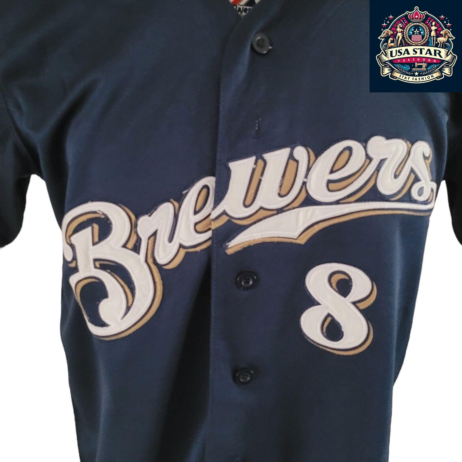 Ryan Braun T-Shirt #8 Milwaukee Brewers 40th Anniversary Majestic Tee Sz M Navy Blue Short Sleeve - USASTARFASHION