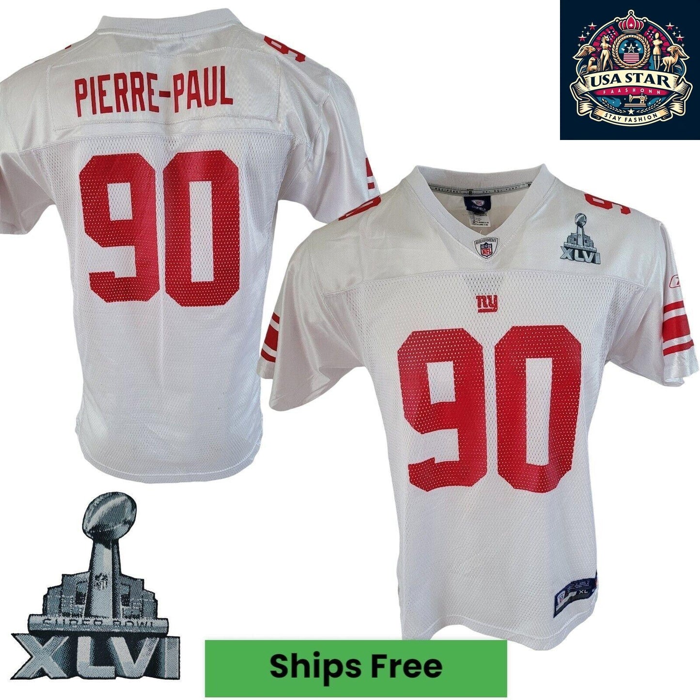 Reebok New York Giants Jersey Jason Pierre-Paul #90 Youth NFL Comfort Fit Authentic Design - USASTARFASHION