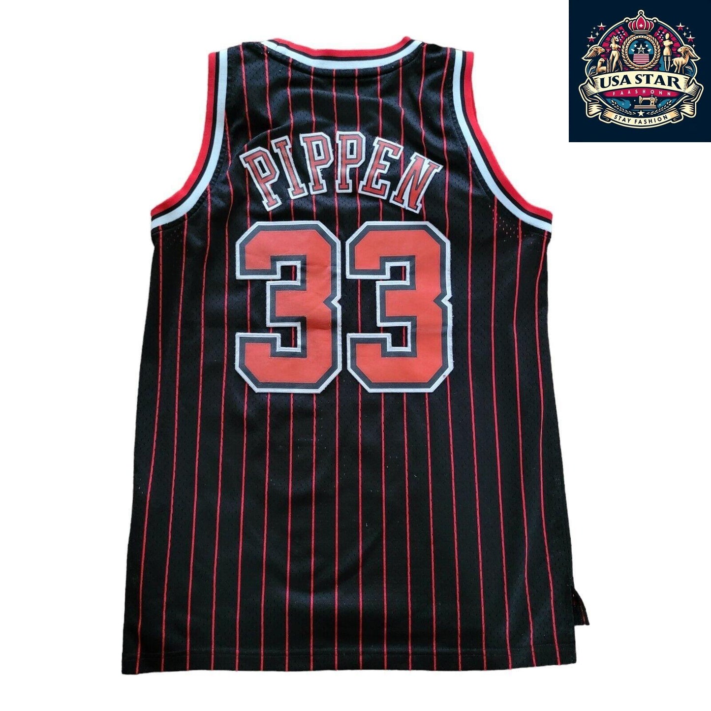 Scottie Pippen #33 Chicago Bulls Jersey - Black Red Pinstripe Vintage M - NBA Apparel - USASTARFASHION