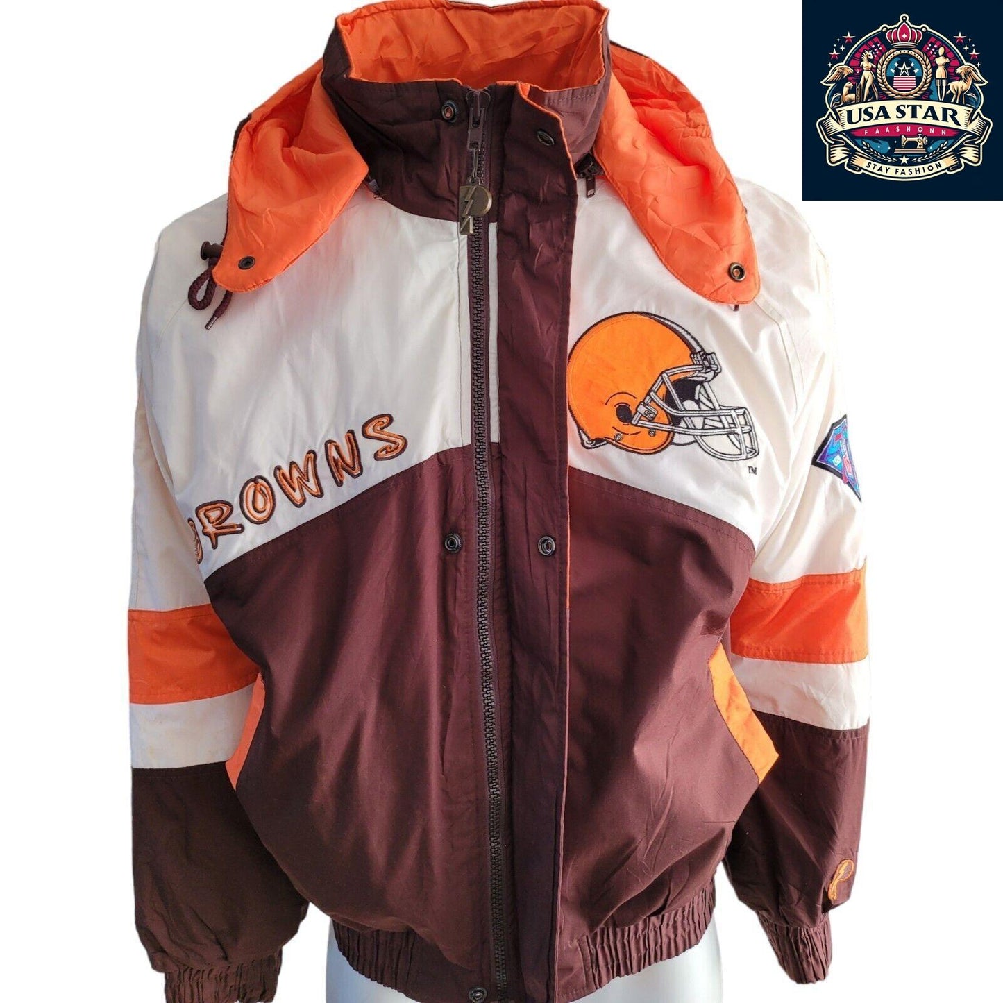 Cleveland Browns Jacket Pro Player 90s Vintage Style Men's Small-Medium with Hoodie and Embroidery - USASTARFASHION