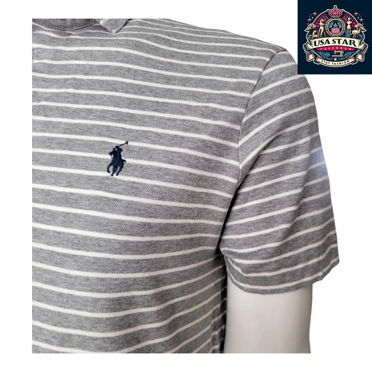 Polo Ralph Lauren Gray Polo Shirt, Men's Size L, 100% Cotton, Classic Striped Design - USASTARFASHION