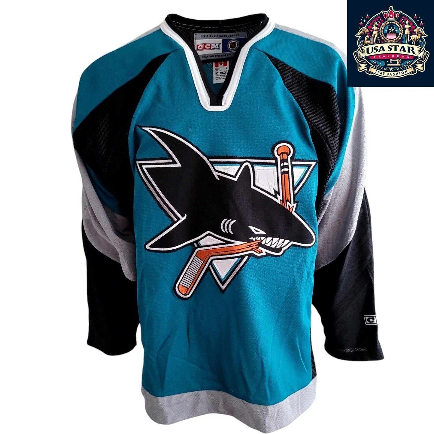 CCM San Jose Sharks Jersey, Teal Men's Medium, Embroidered Logo, Mesh Panels, NHL Official - USASTARFASHION