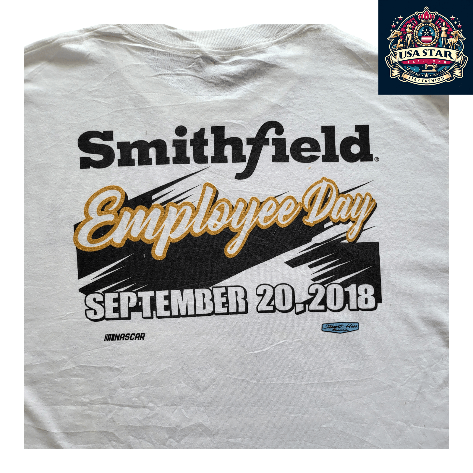 Smithfield Racing T-Shirt 2018 NASCAR Employee Day L 100% Cotton Stewart-Haas Racing Design - USASTARFASHION