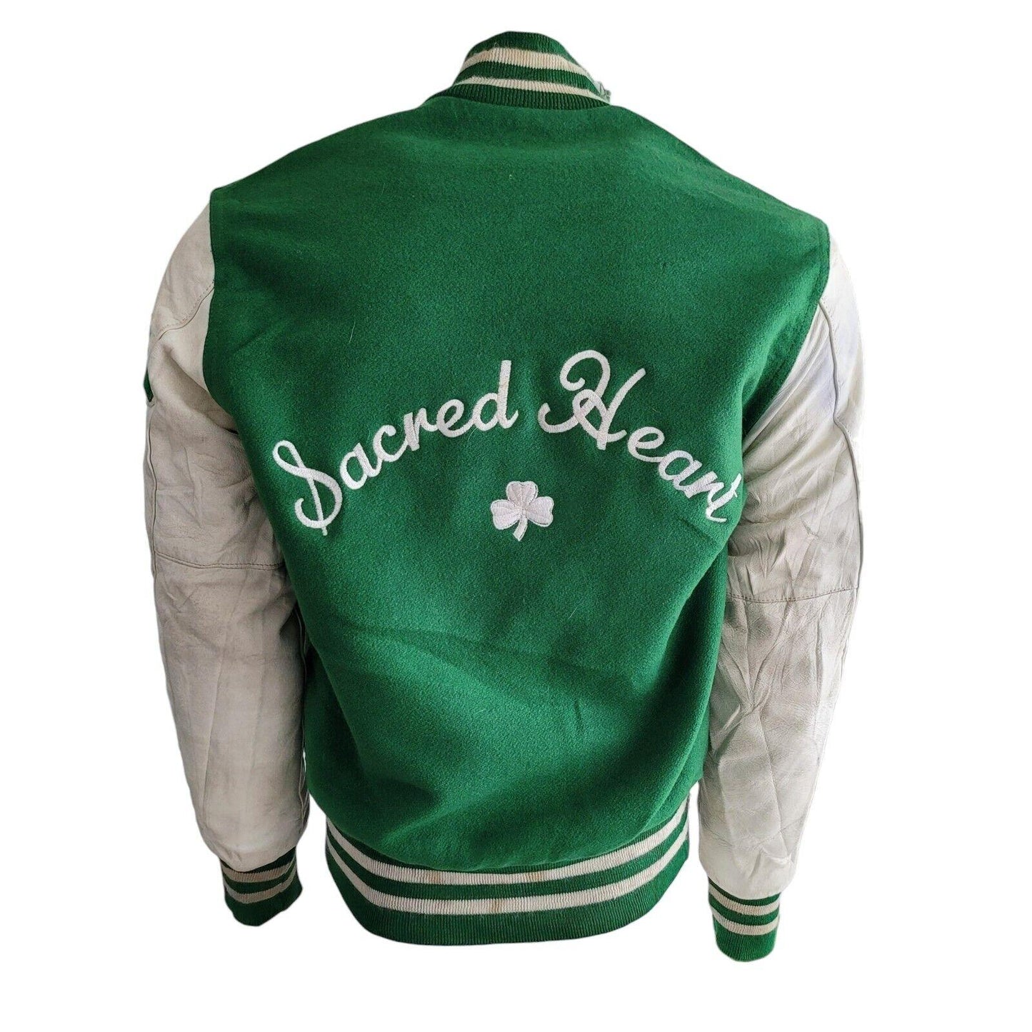 WOOL Vintage Holloway Varsity Jacket - Size S 90s Made USA Green Leather-USASTARFASHION