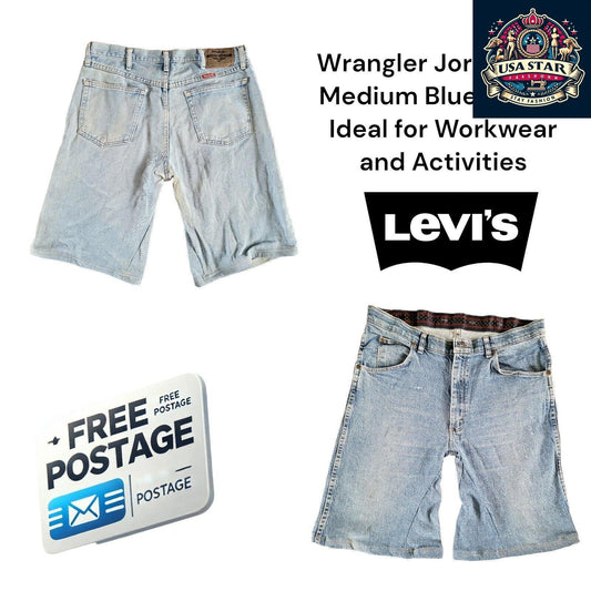 Wrangler Jorts, W34, Medium Blue Denim, Ideal for Workwear and Activities - USASTARFASHION