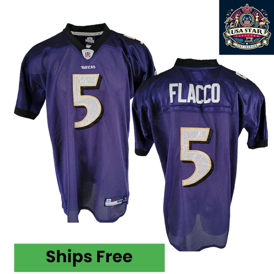 Reebok Baltimore Ravens Jersey Shirt Purple Men’s Size 56 #5 Flacco Authentic Design - USASTARFASHION