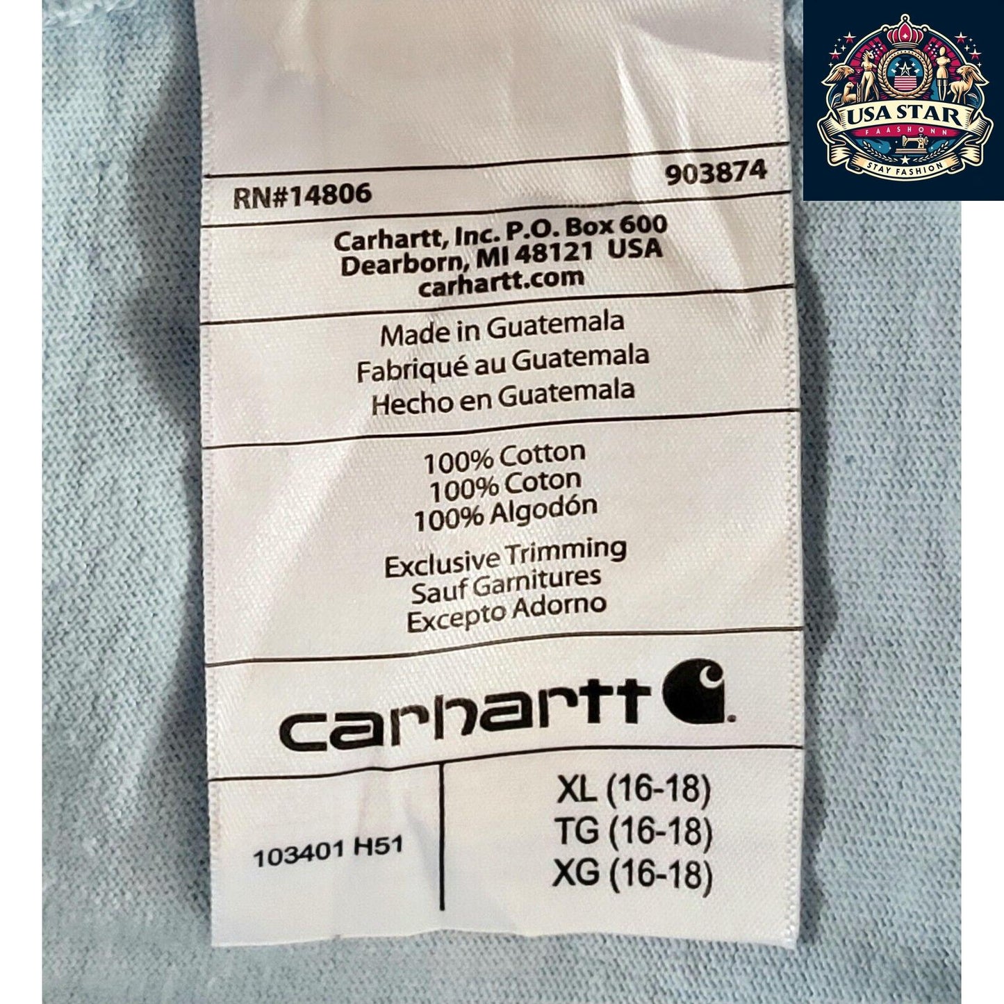 Carhartt Youth Shirt XL (16-18) Light Blue Long Sleeve, 100% Cotton, Loose Fit, Stylish Comfort - USASTARFASHION