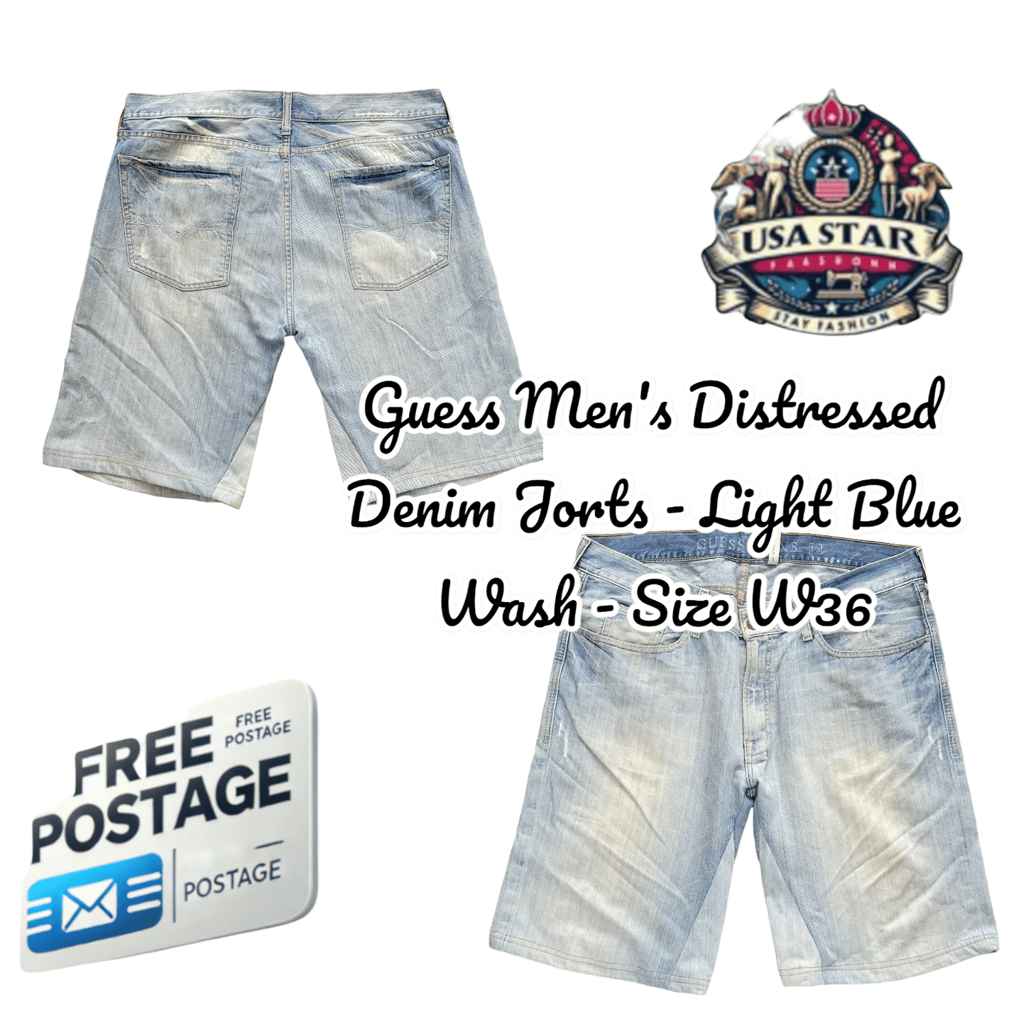 Guess Men's Distressed Denim Jorts - Light Blue Wash - Size W36