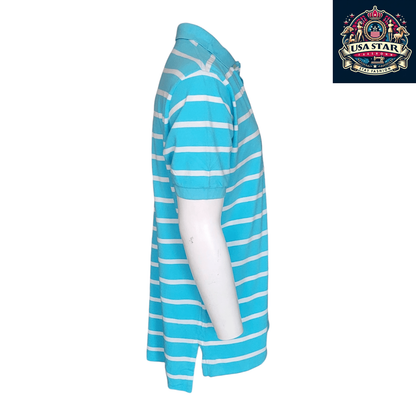 Ralph Lauren Polo Shirt Light Blue/White Stripes Size LG, 100% Cotton Classic Comfort - USASTARFASHION