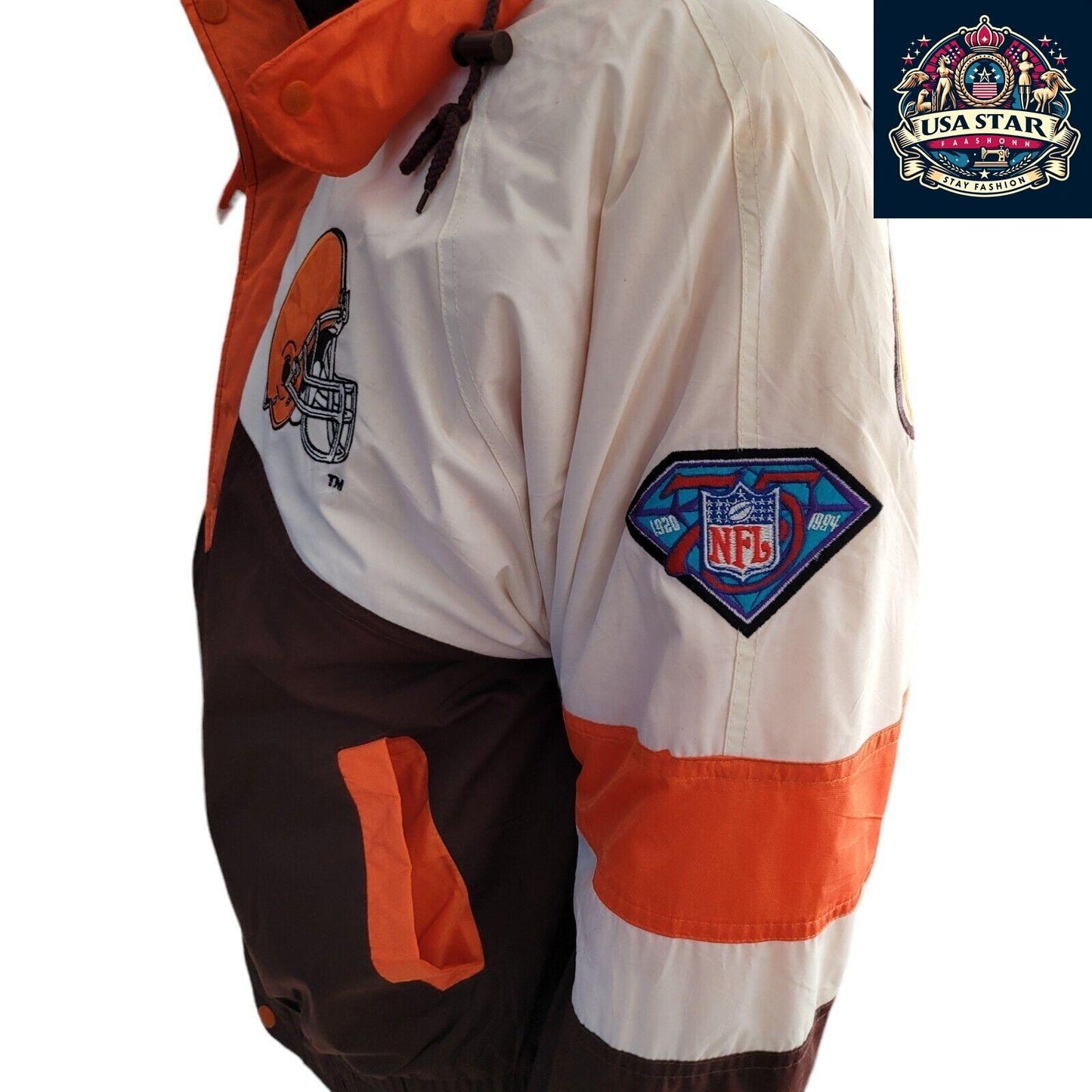 Cleveland Browns Jacket Pro Player 90s Vintage Style Men's Small-Medium with Hoodie and Embroidery - USASTARFASHION