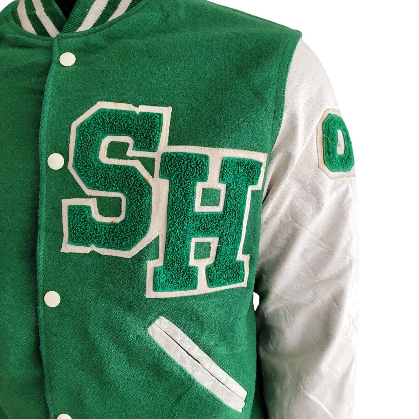 WOOL Vintage Holloway Varsity Jacket - Size S 90s Made USA Green Leather-USASTARFASHION