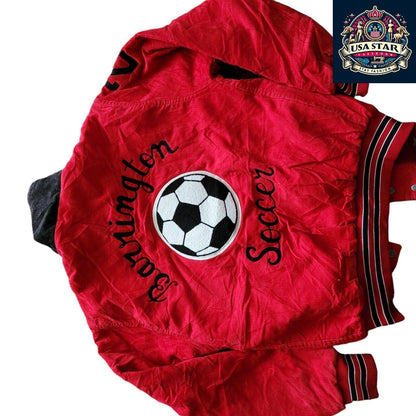 Troy Barrington Soccer 22 Womens Varsity Jacket - Stylish Red Cotton Size S for Casual Comfort - USASTARFASHION